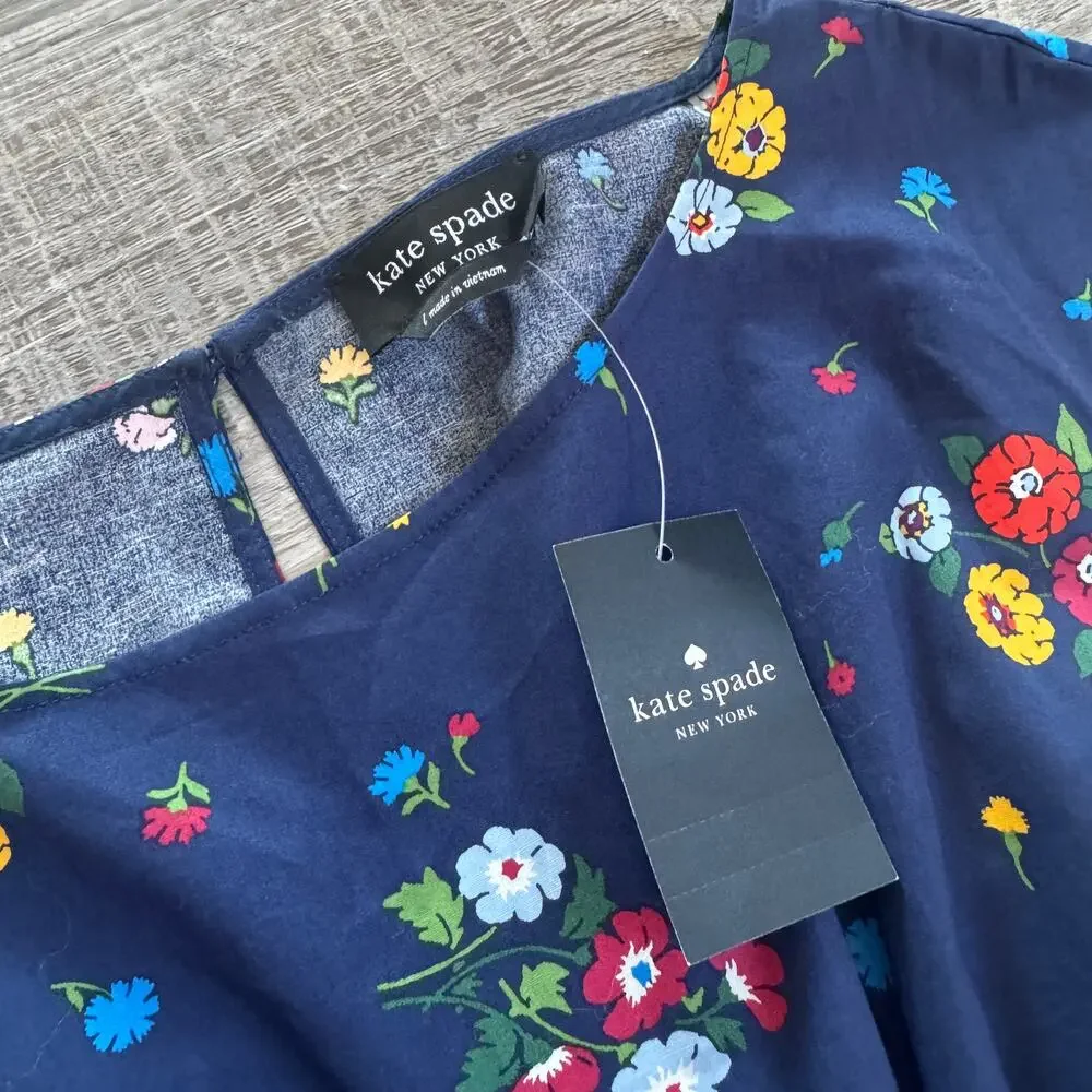 NWT Kate Spade Bouquet Toss Blaire Navy Floral Smocked Cotton Dress Large